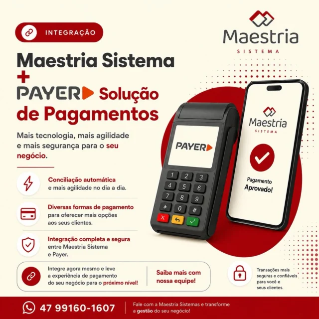 🚀 Mais praticidade para o seu negócio! 💳⚡

A integração entre Maestria Sistema e Payer Solução de Pagamentos chegou para tornar sua gestão ainda mais eficiente.

✅ Conciliação automática de pagamentos
✅ Mais agilidade no atendimento
✅ Diversas formas de pagamento para seus clientes
✅ Segurança e integração completa entre sistema e pagamentos

Chega de processos manuais e retrabalho. Com tudo integrado, você ganha tempo para focar no que realmente importa: fazer seu negócio crescer. 📈

📲 Quer conhecer essa novidade e ver como funciona na prática? 
Fale com nossa equipe!
Link na Bio.

📞 WhatsApp: (47) 99160-1607

#maestriasistema #payer #gestaoempresarial #tecnologia #soluçãodepagamentos