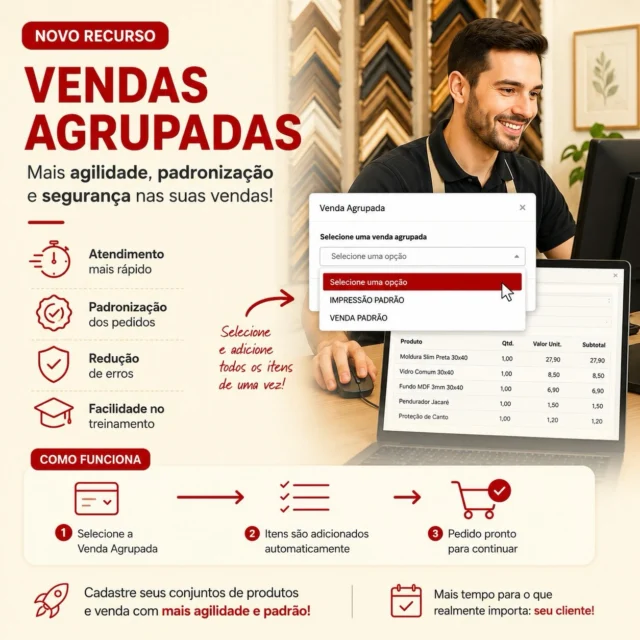 🚀 Novidade no sistema! Chegaram as Vendas Agrupadas!

Sua loja vende frequentemente a mesma combinação de produtos? Agora você pode cadastrar esses conjuntos e adicioná-los ao pedido com apenas alguns cliques!

✅ Mais agilidade no atendimento
✅ Padronização dos pedidos
✅ Menos erros no cadastro
✅ Treinamento mais simples para novos colaboradores

Chega de incluir os mesmos itens um por um. Com as Vendas Agrupadas, sua equipe ganha produtividade e sobra mais tempo para o que realmente importa: atender bem e vender mais. 🎯

💬 O que você mais gostaria de automatizar no processo de vendas da sua loja?

#saas#molduraria #lojadequadros#vendas